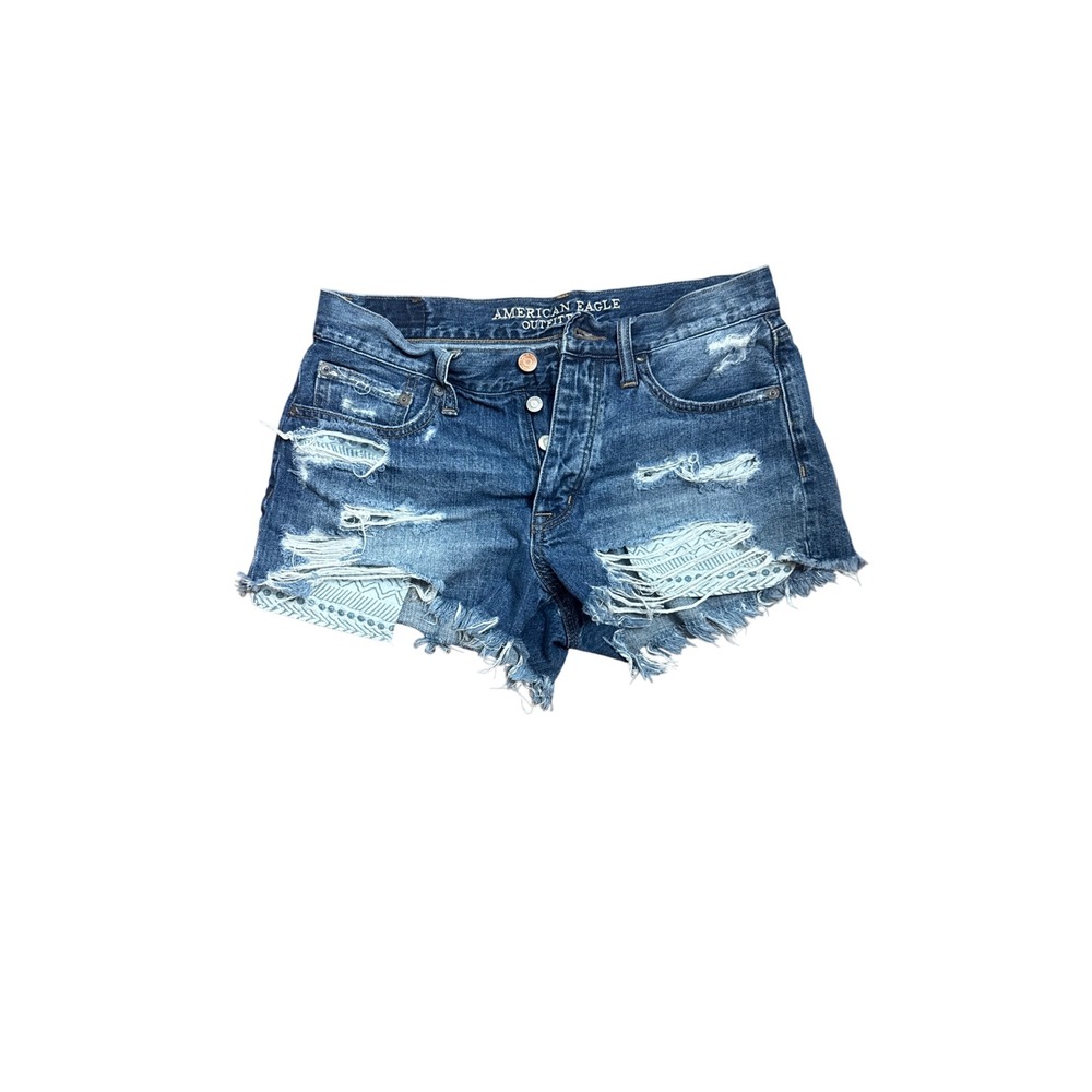 American Eagle Denim Shorts Womens 6 Blue Excellent Distressed Pattern Patch